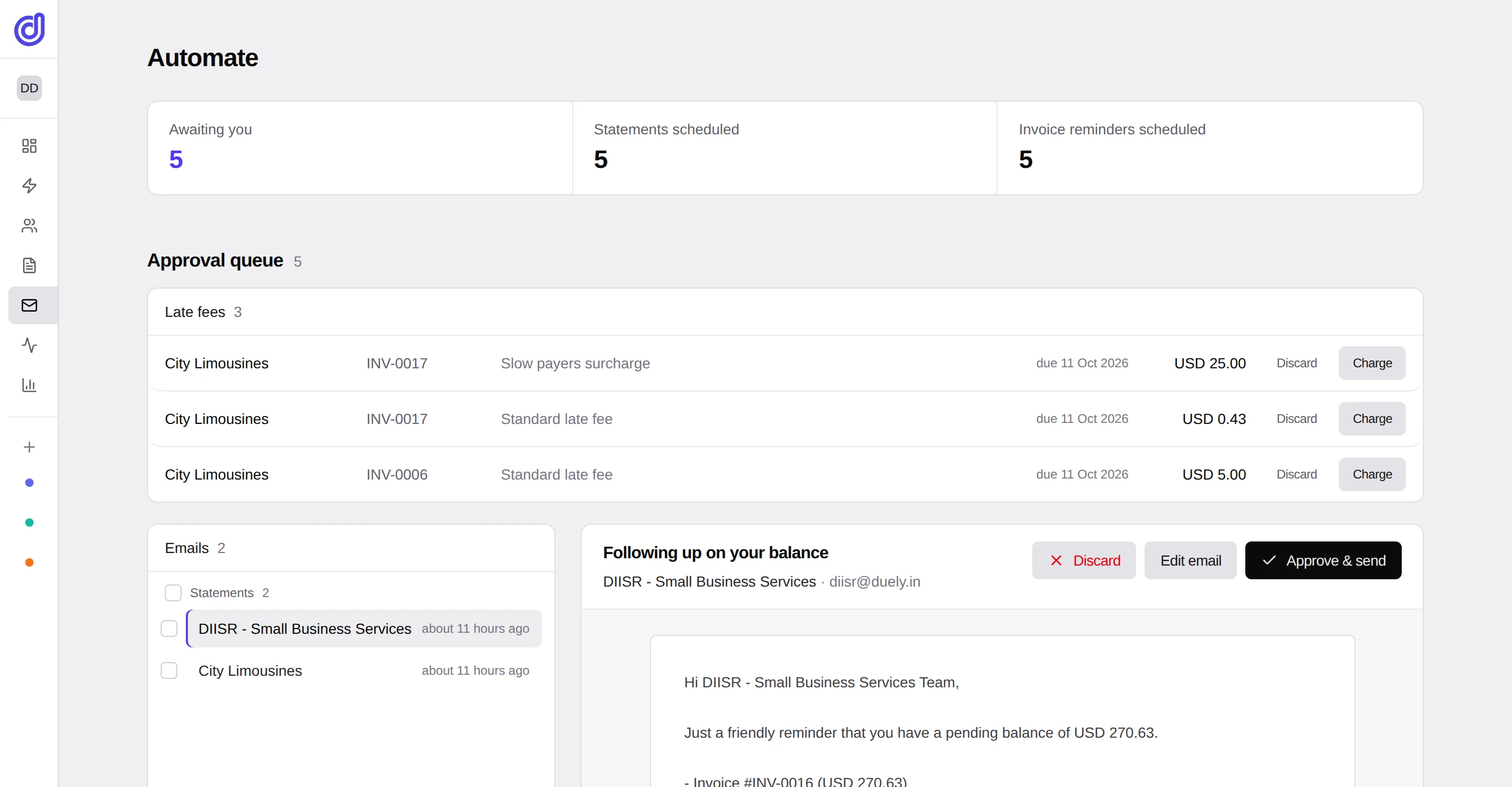 The Automate page: late fees and reminder emails waiting for approval, with the draft open beside them