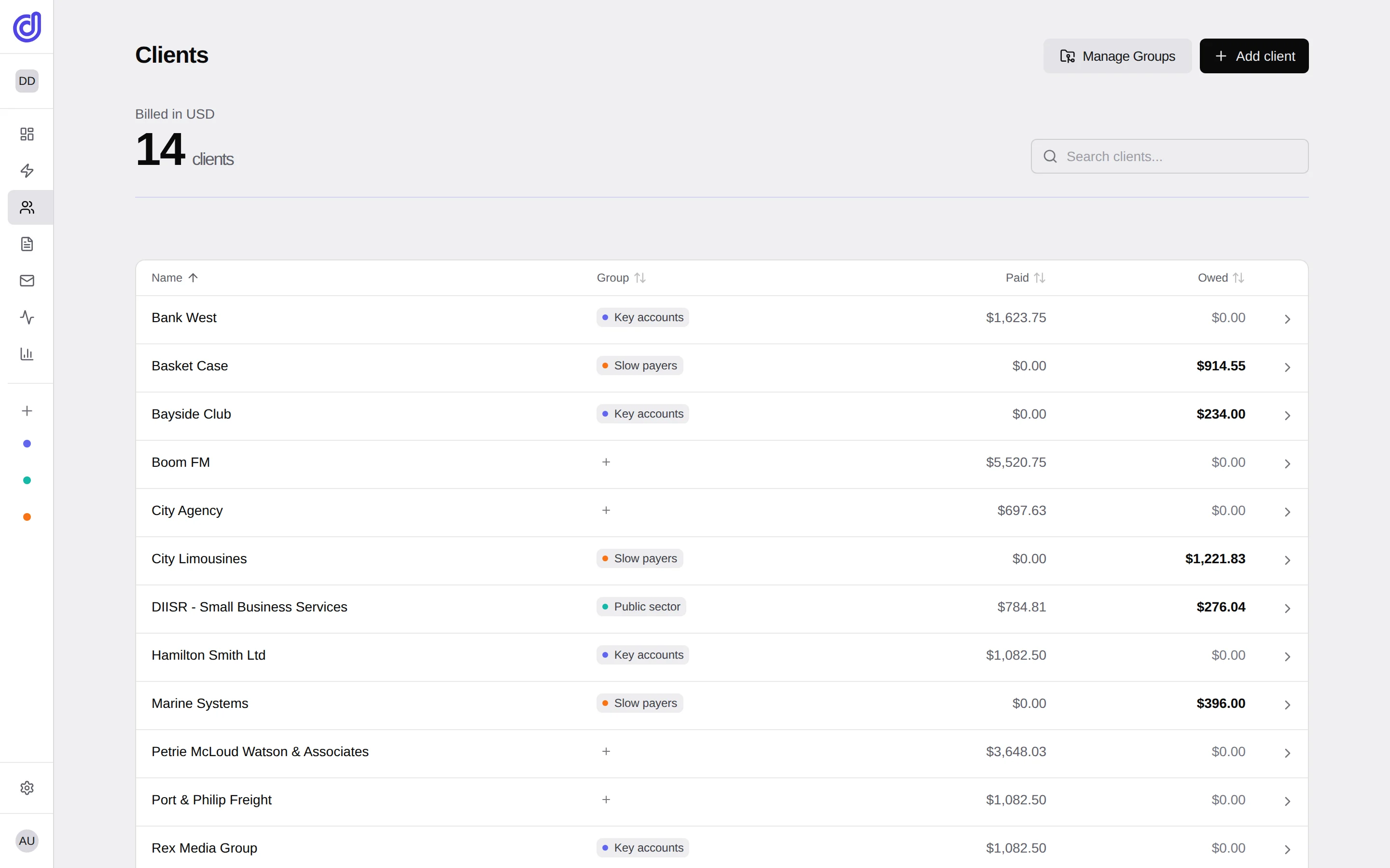 The client list, grouped into key accounts, slow payers and public sector